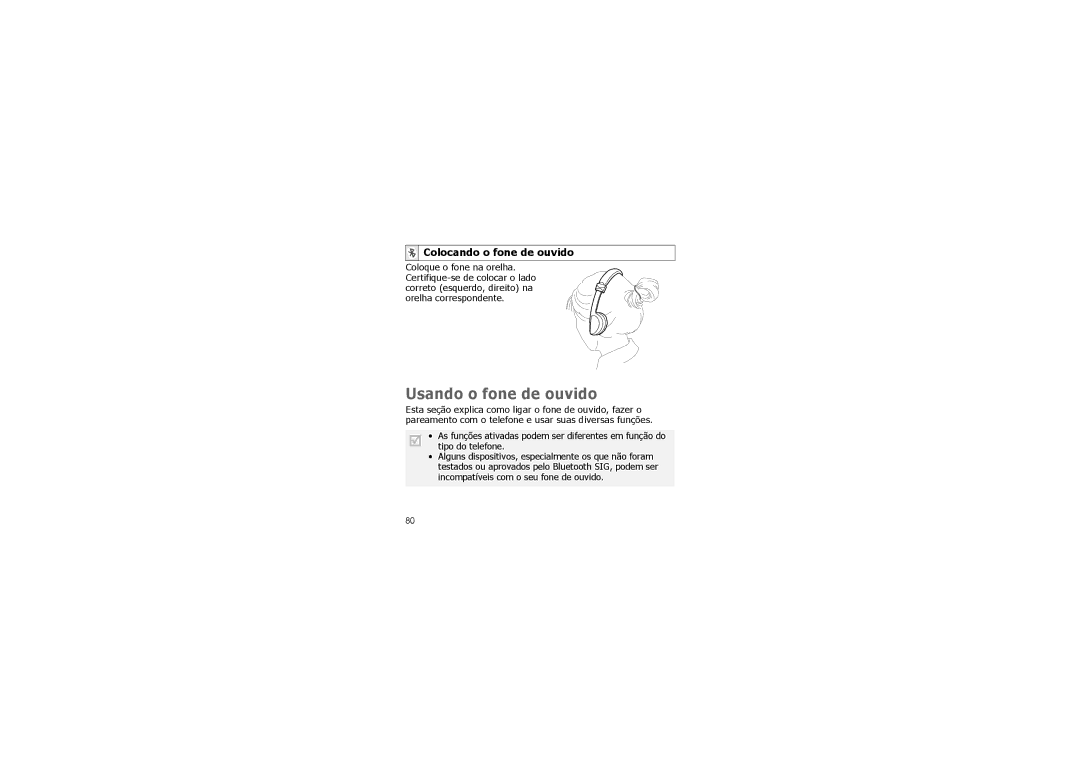 Samsung 649E-SBH600, B013420, A3LSBH600 manual Usando o fone de ouvido, Colocando o fone de ouvido 