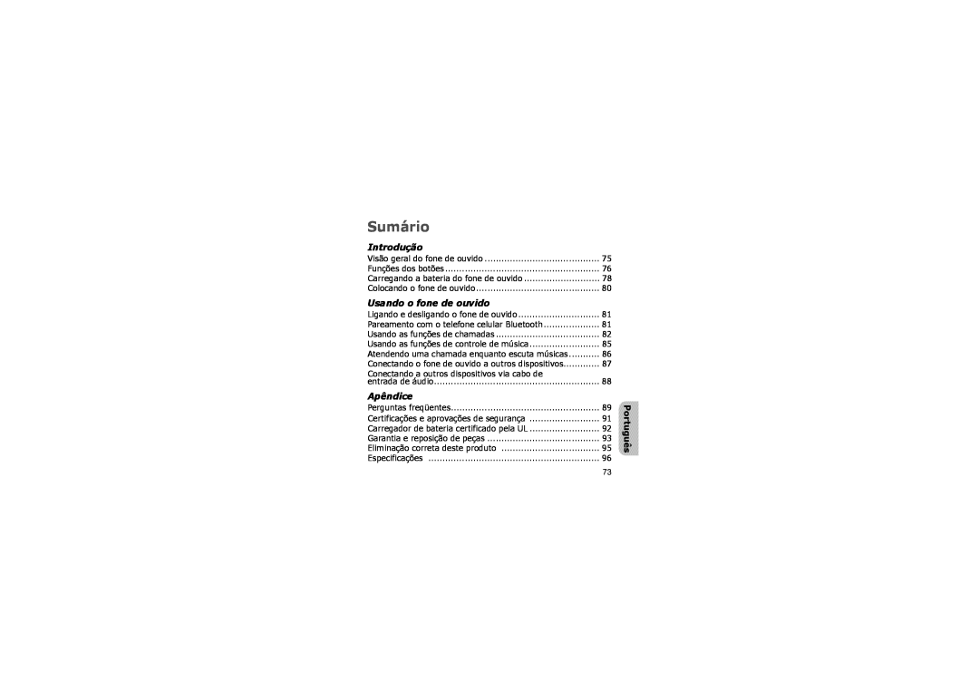 Samsung B013420, A3LSBH600, 649E-SBH600 manual Sumário, Introdução, Usando o fone de ouvido, Apêndice 