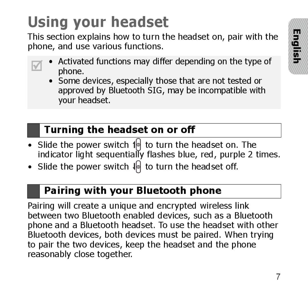 Samsung SBH650 manual Turning the headset on or off, Pairing with your Bluetooth phone 