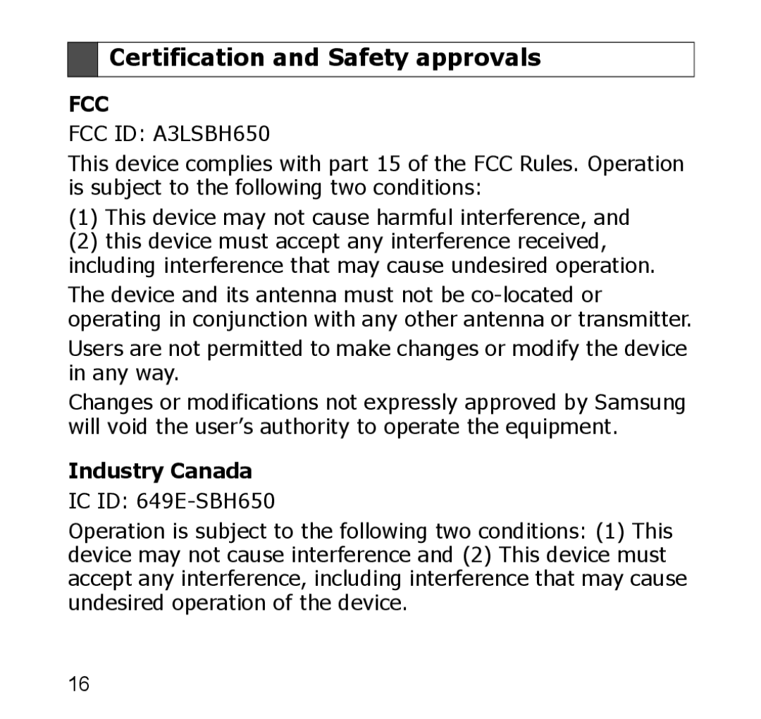 Samsung SBH650 manual Certification and Safety approvals, Industry Canada 