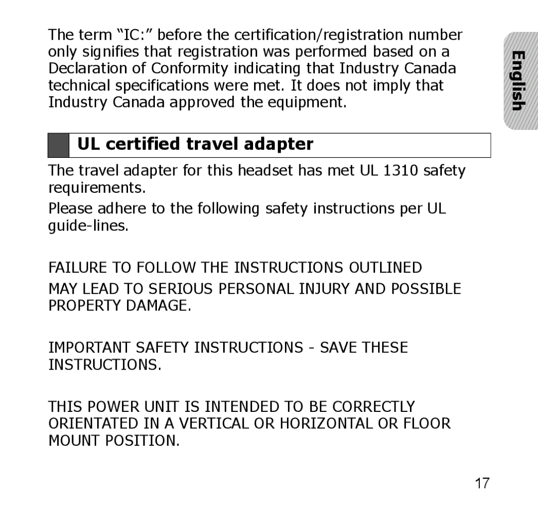 Samsung SBH650 manual UL certified travel adapter 