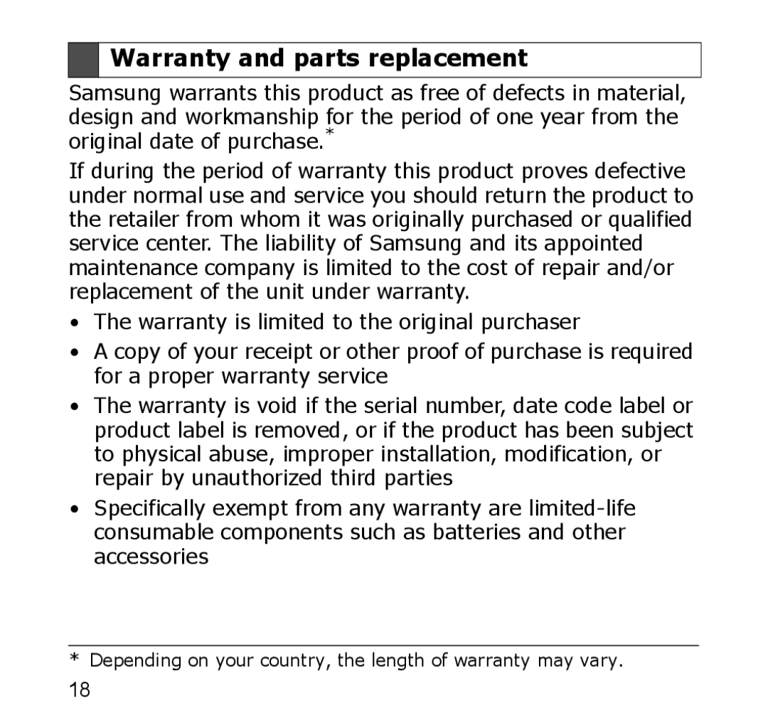 Samsung SBH650 manual Warranty and parts replacement 