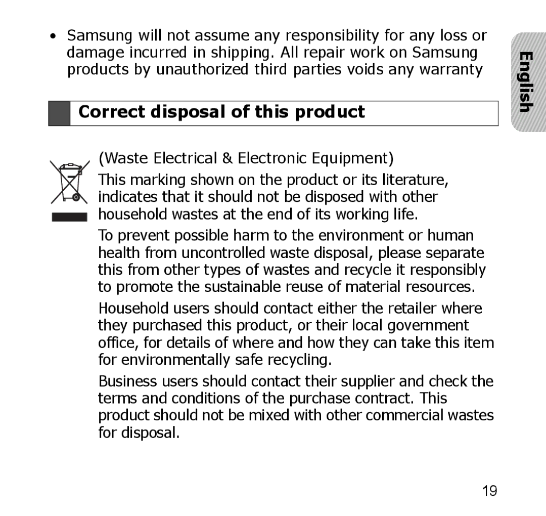 Samsung SBH650 manual Correct disposal of this product, Waste Electrical & Electronic Equipment 