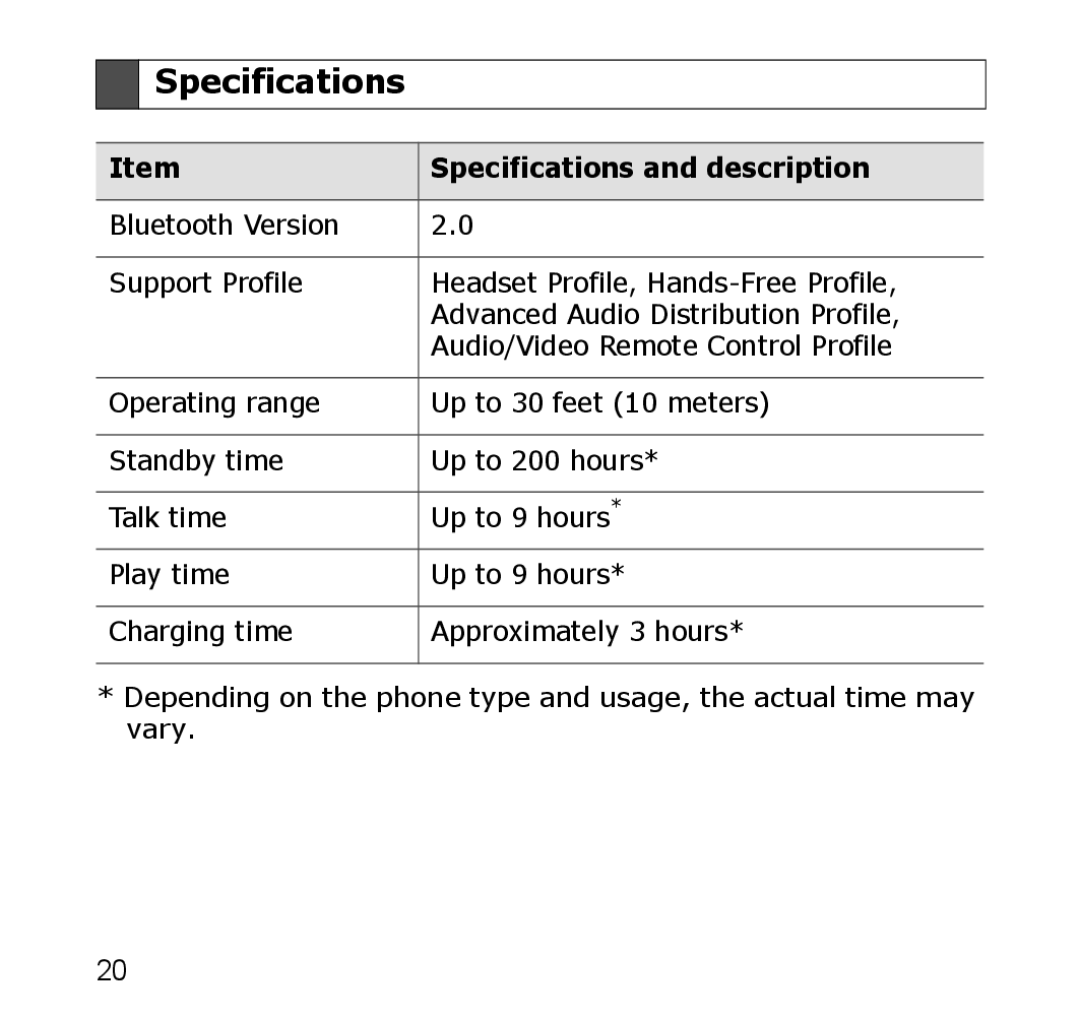 Samsung SBH650 manual Specifications and description 