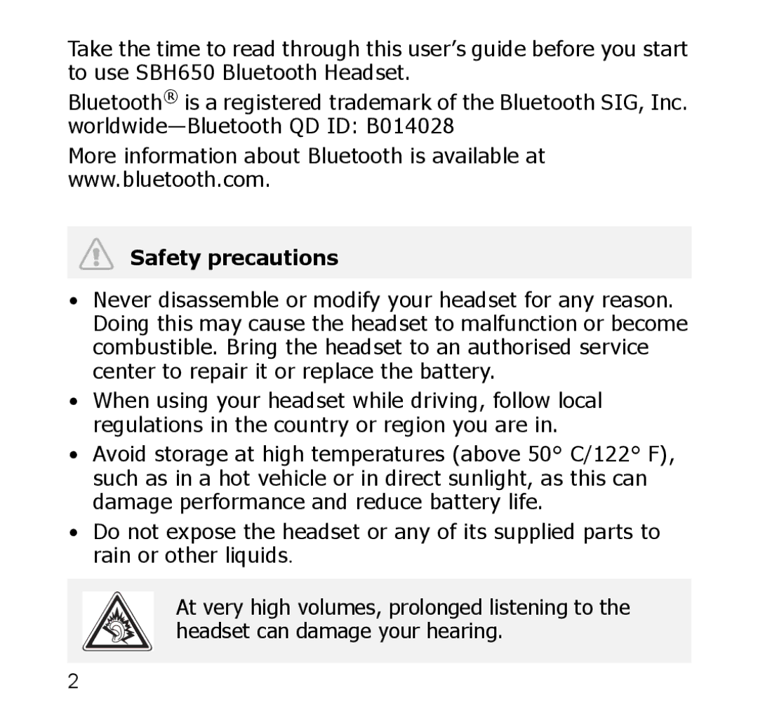 Samsung SBH650 manual Safety precautions 