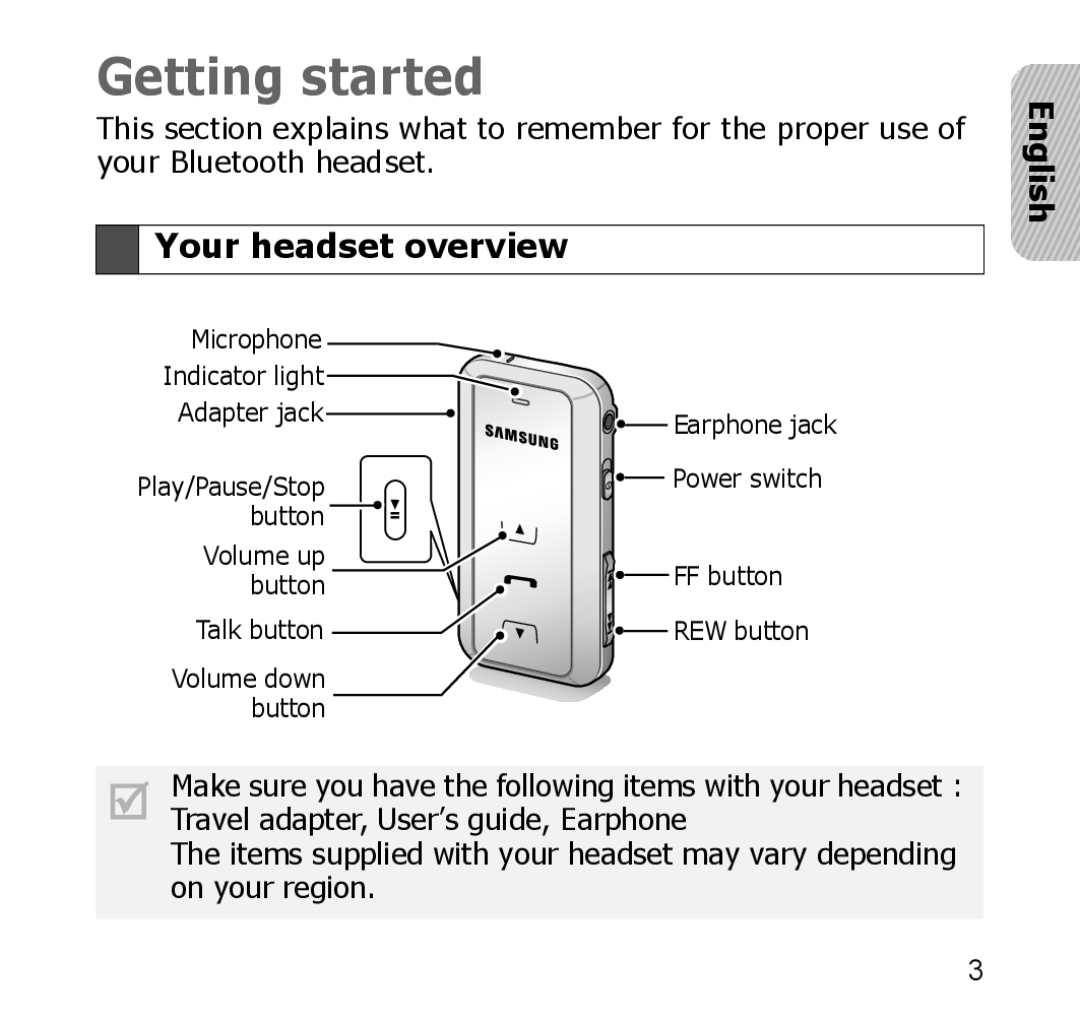 Samsung SBH650 manual Getting started, Your headset overview 