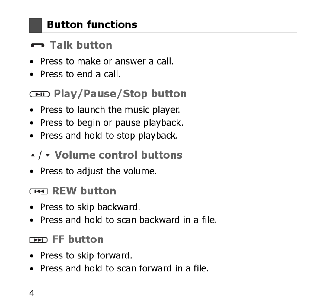 Samsung SBH650 manual Talk button, Play/Pause/Stop button, Volume control buttons, REW button, FF button 