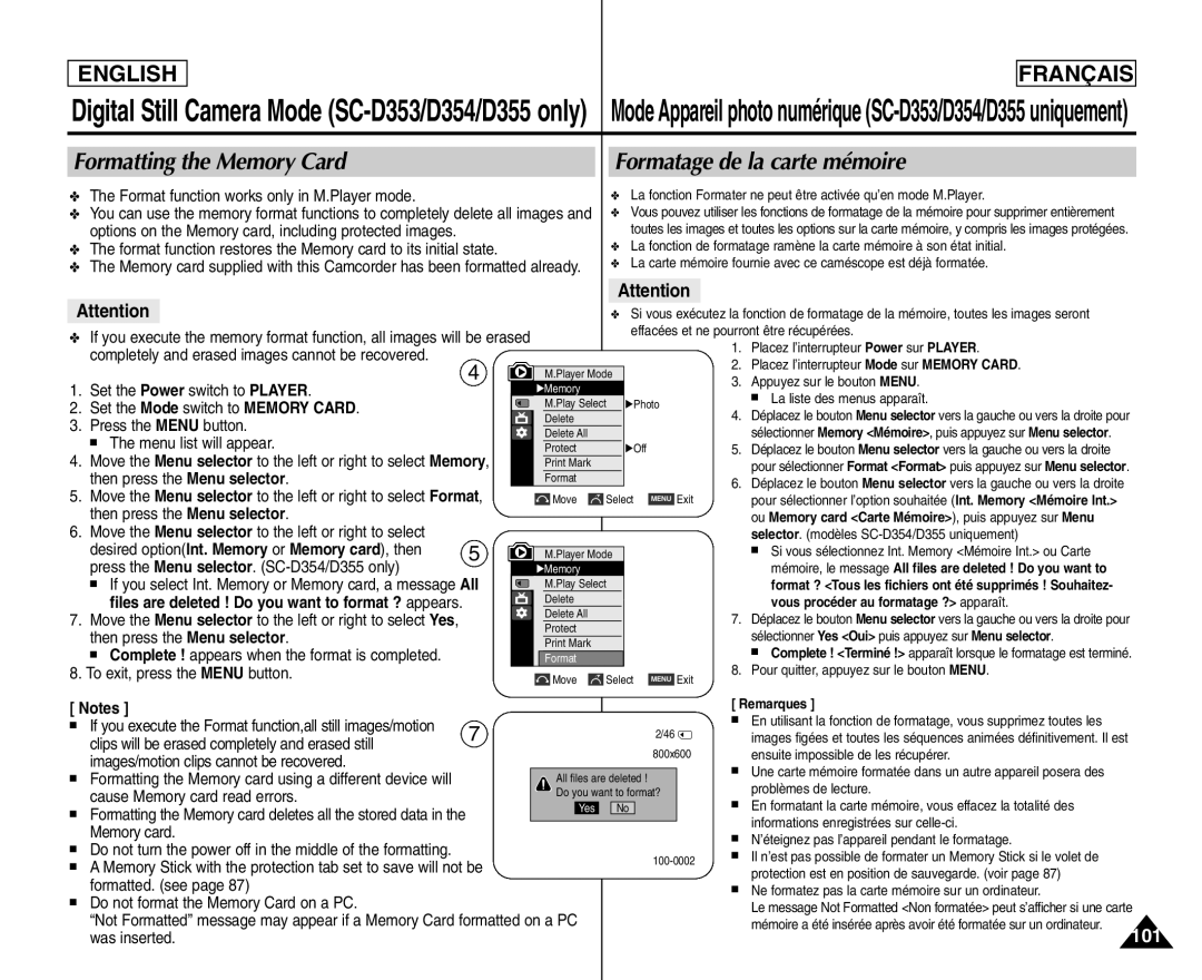 Samsung SC- D354 manuel dutilisation Formatting the Memory Card Formatage de la carte mémoire 