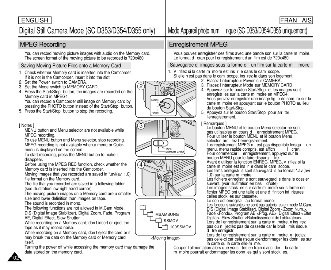 Samsung SC- D354 manuel dutilisation Mpeg Recording Enregistrement Mpeg 