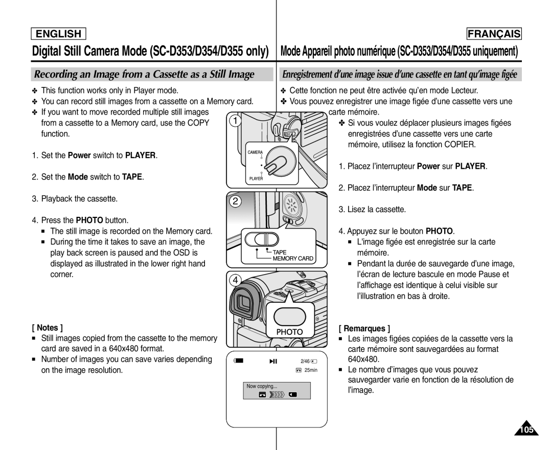 Samsung SC- D354 manuel dutilisation Recording an Image from a Cassette as a Still Image 