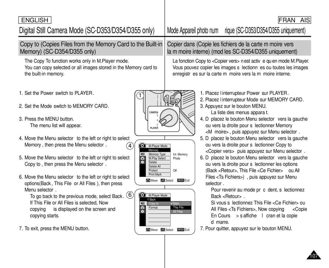 Samsung SC- D354 manuel dutilisation Ou vers la droite pour sélectionner Copy to, Selector, Back Retour, Démarre 