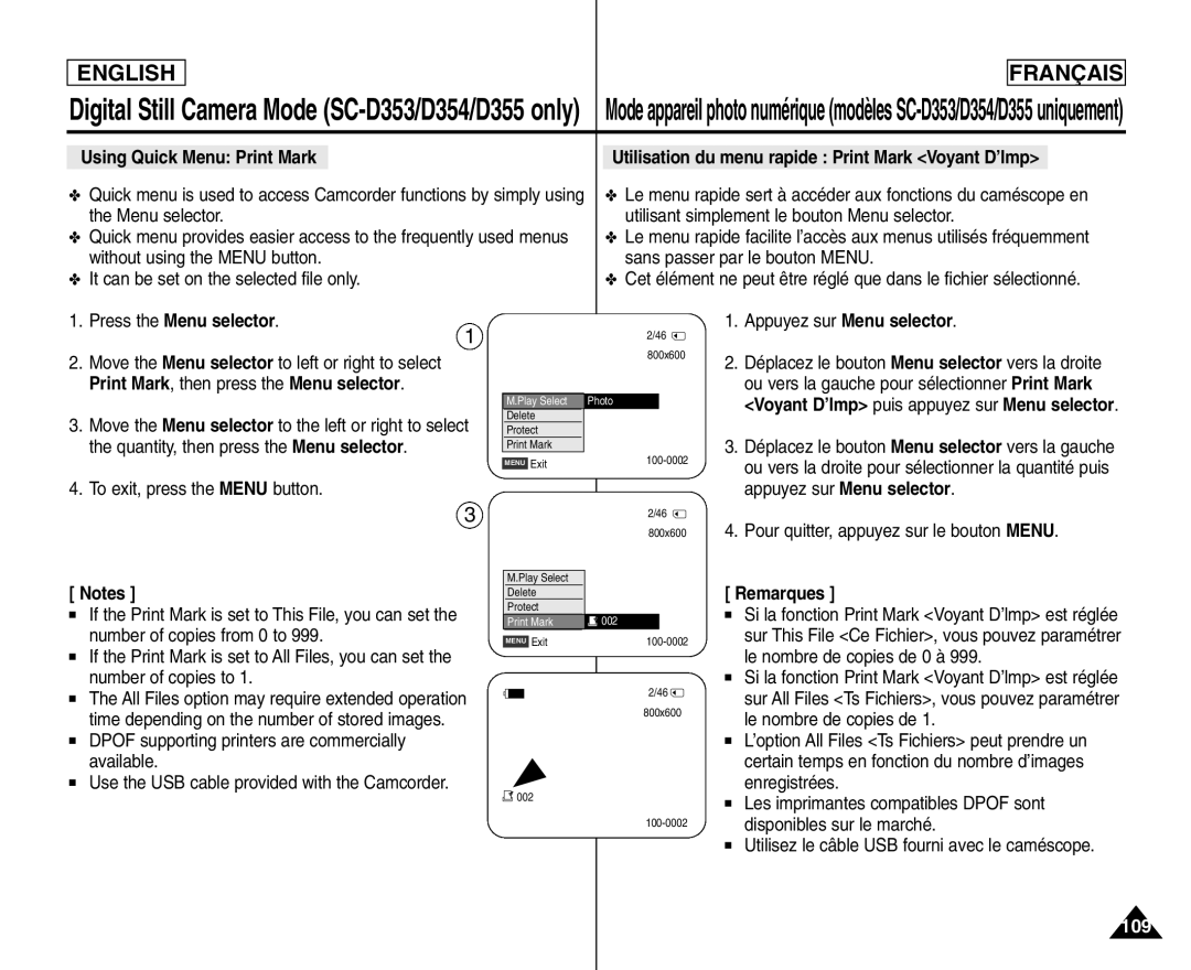 Samsung SC- D354 manuel dutilisation Print Mark , then press the Menu selector 