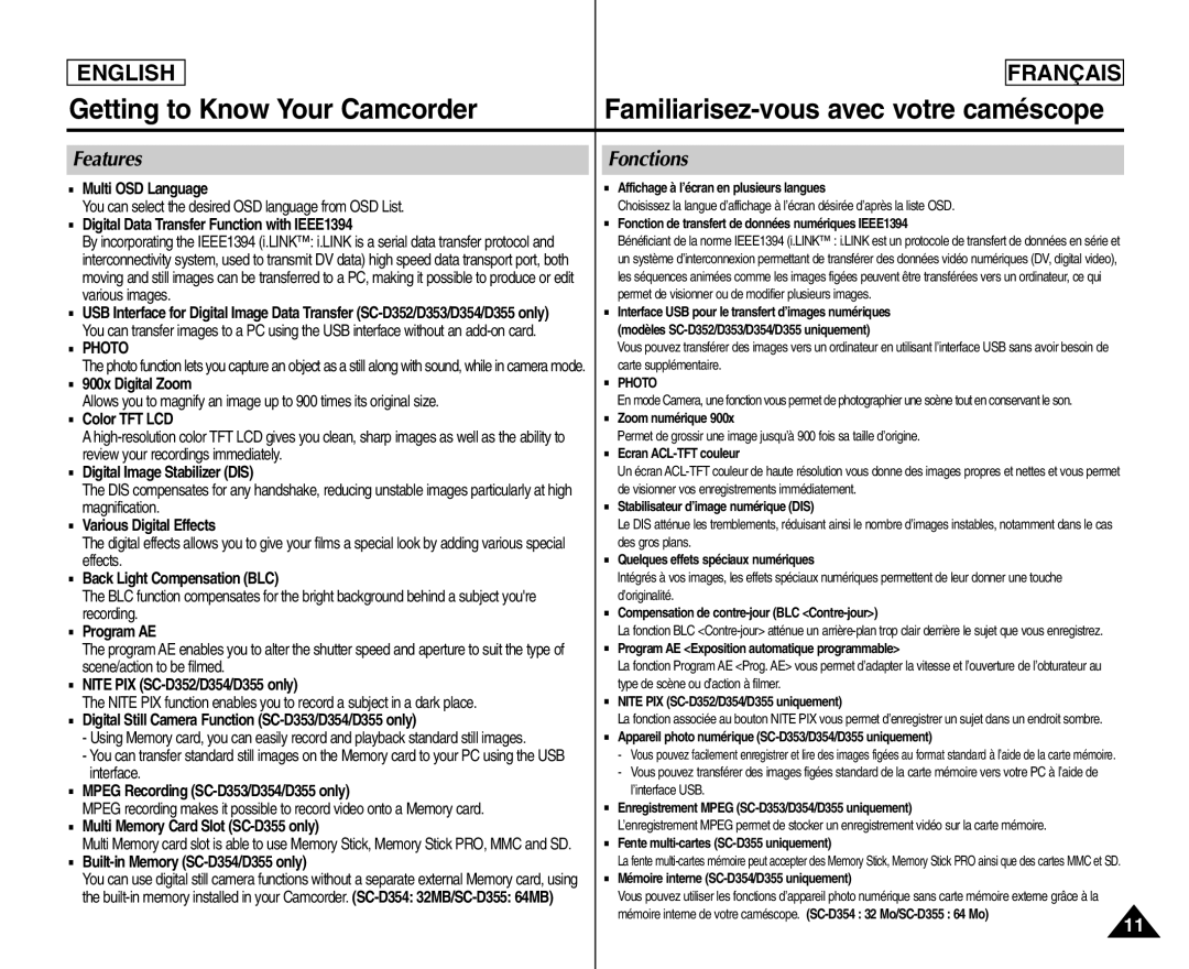 Samsung SC- D354 manuel dutilisation Getting to Know Your Camcorder, Features Fonctions 