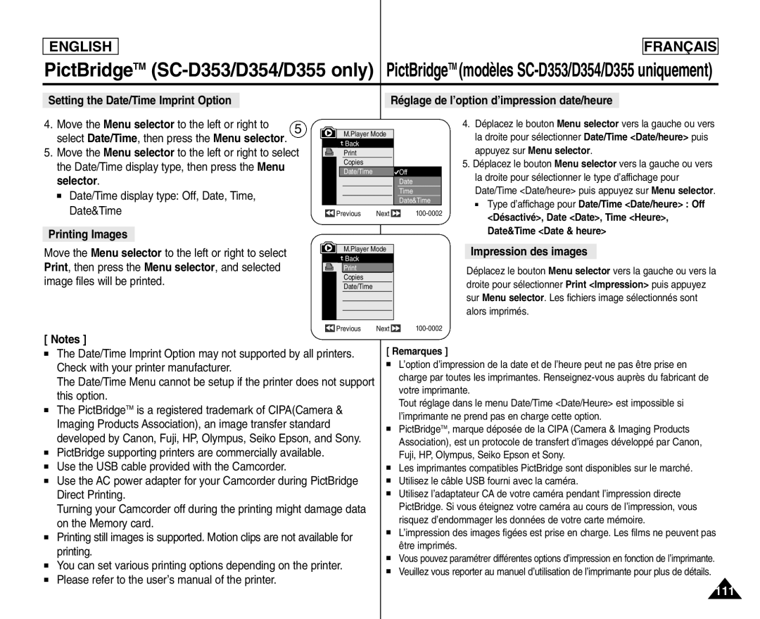 Samsung SC- D354 PictBridgeTM SC-D353/D354/D355 only, Printing Images, Impression des images, Date&Time Date & heure 