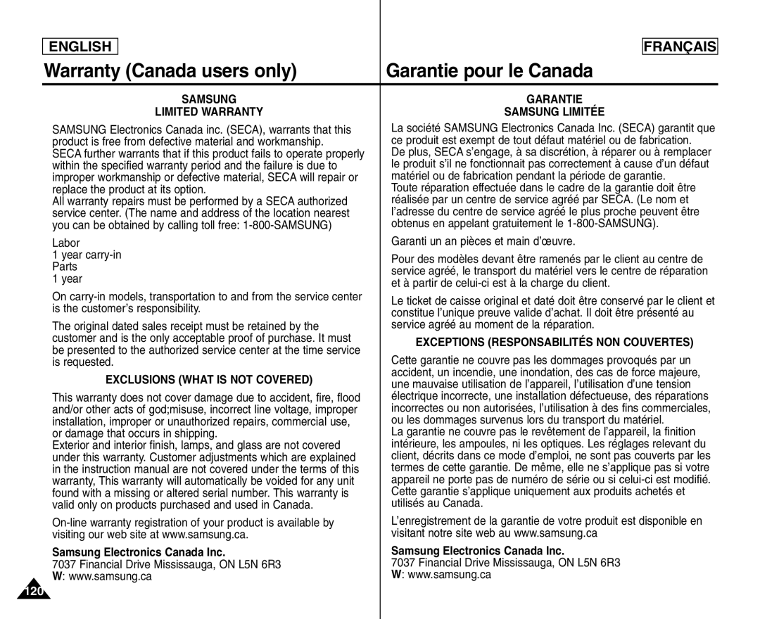 Samsung SC- D354 manuel dutilisation Warranty Canada users only Garantie pour le Canada, Samsung Electronics Canada Inc 