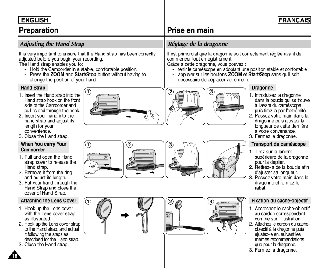 Samsung SC- D354 Adjusting the Hand Strap Réglage de la dragonne, When You carry Your Camcorder, Dragonne 