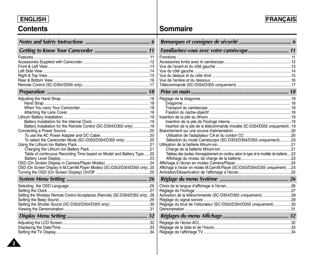 Samsung SC- D354 manuel dutilisation Contents, Sommaire 