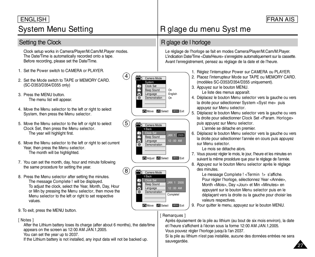 Samsung SC- D354 Setting the Clock Réglage de l’horloge, Clock Set, then press the Menu selector, Sur Menu selector 