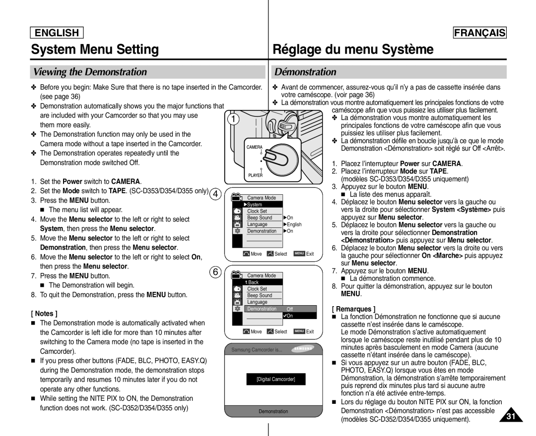 Samsung SC- D354 manuel dutilisation Viewing the Demonstration, Demonstration, then press the Menu selector 