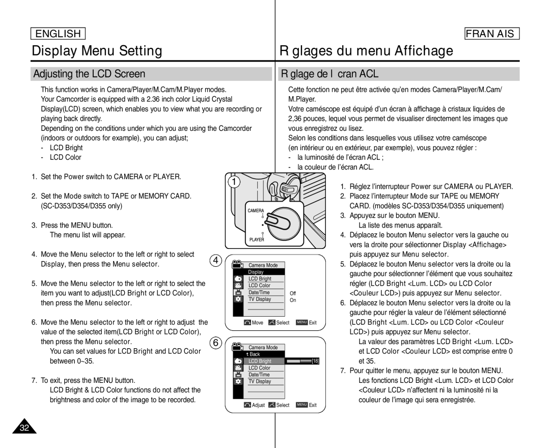 Samsung SC- D354 Adjusting the LCD Screen Réglage de l’écran ACL, Display , then press the Menu selector, Between 0~35 