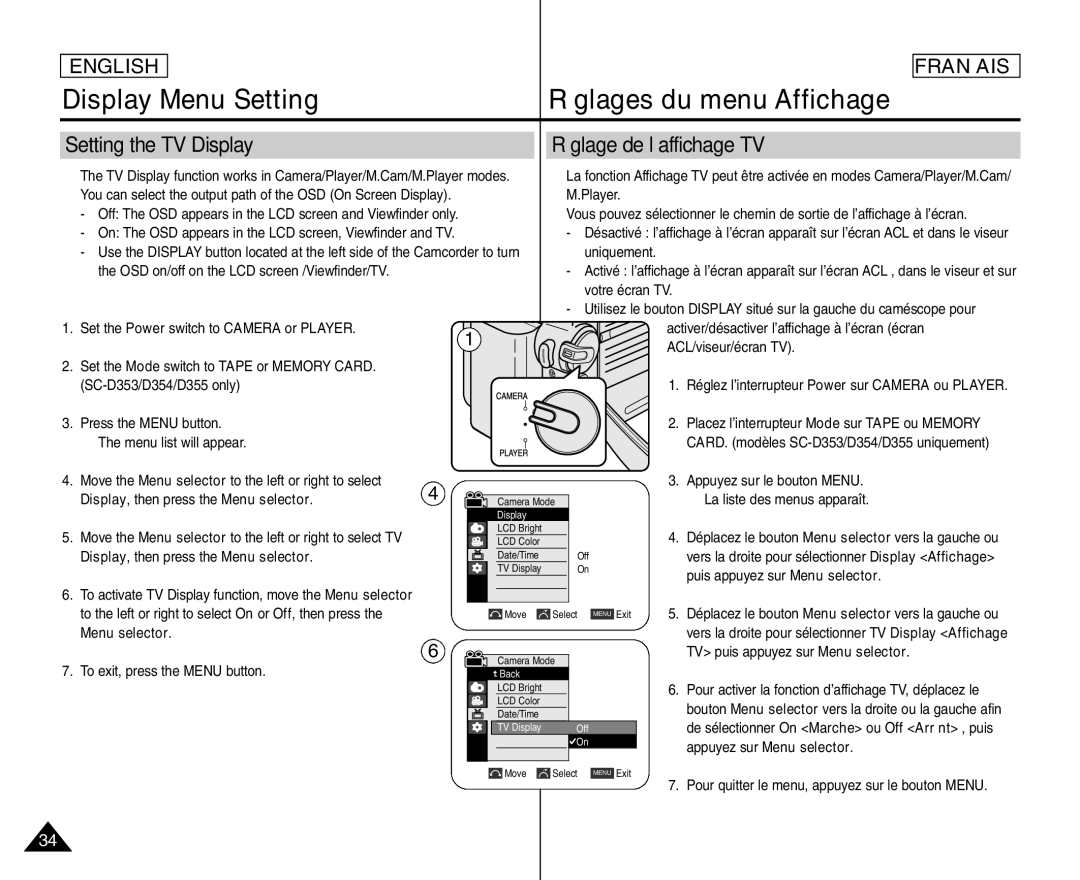 Samsung SC- D354 Setting the TV Display, Réglage de l’affichage TV, Display, then press the Menu selector 