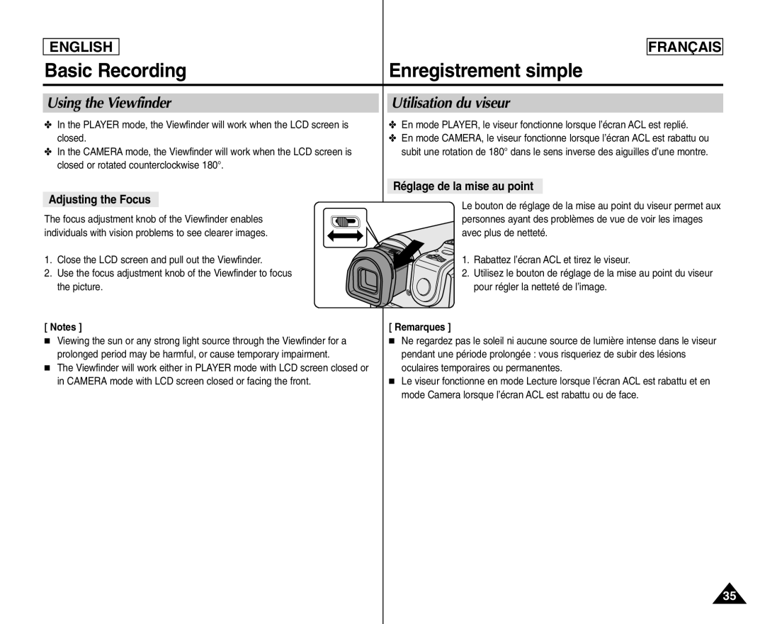 Samsung SC- D354 Using the Viewfinder Utilisation du viseur, Adjusting the Focus, Réglage de la mise au point 