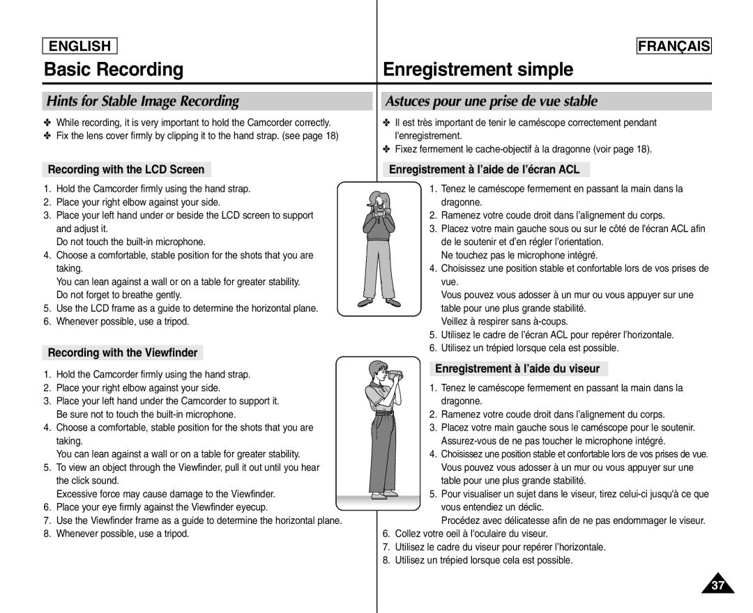 Samsung SC- D354 Recording with the LCD Screen, Recording with the Viewfinder, Enregistrement à l’aide de l’écran ACL 