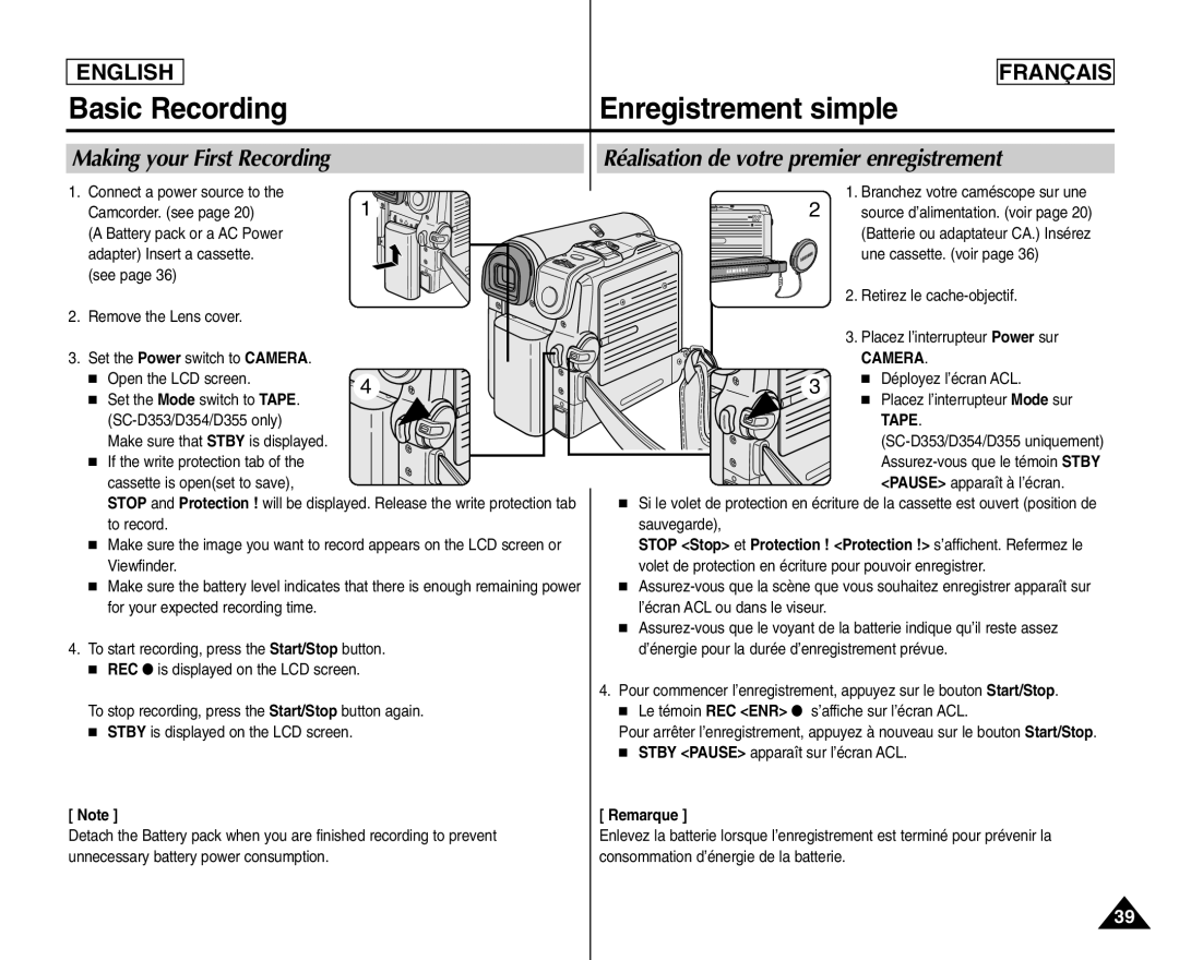 Samsung SC- D354 manuel dutilisation Basic Recording, Enregistrement simple, Making your First Recording 