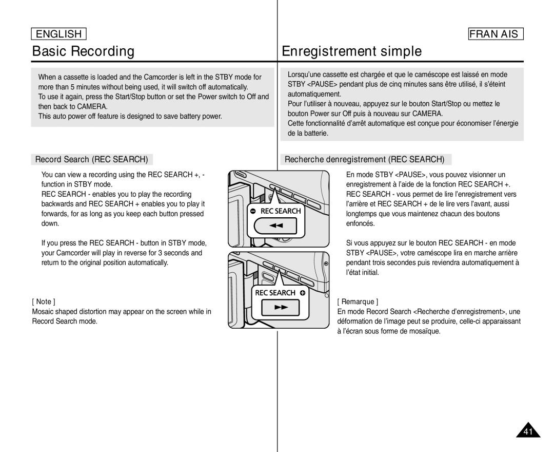 Samsung SC- D354 manuel dutilisation Enregistrement simple, Record Search REC Search, Recherche d’enregistrement REC Search 