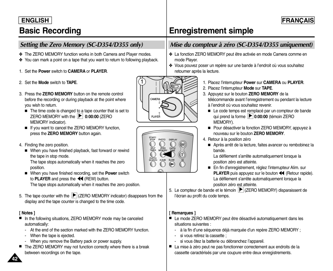 Samsung SC- D354 Setting the Zero Memory SC-D354/D355 only, Mise du compteur à zéro SC-D354/D355 uniquement 