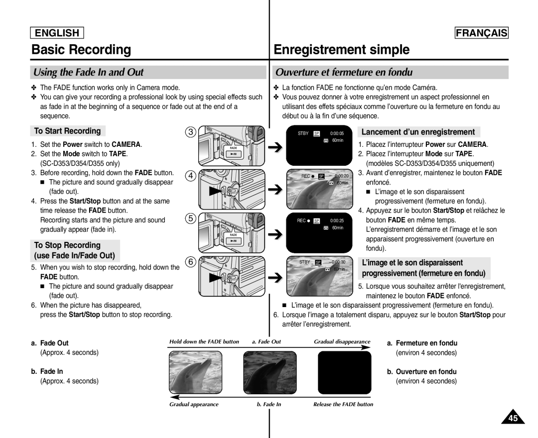 Samsung SC- D354 manuel dutilisation Using the Fade In and Out Ouverture et fermeture en fondu, To Start Recording 