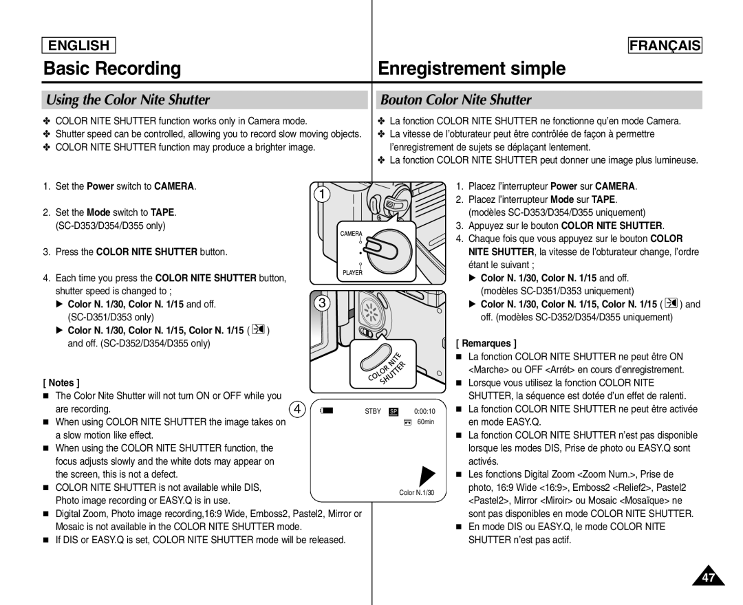 Samsung SC- D354 Using the Color Nite Shutter Bouton Color Nite Shutter, √ Color N /30, Color N /15 and off 