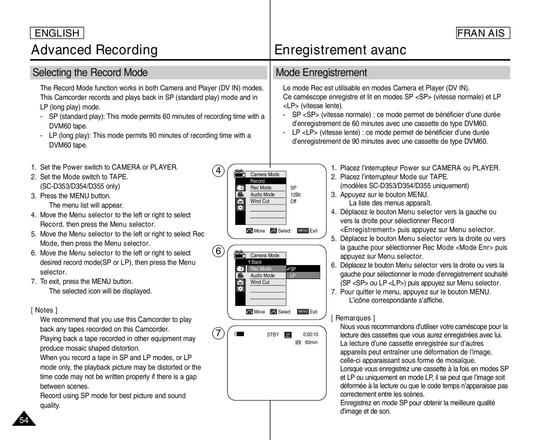 Samsung SC- D354 manuel dutilisation Selecting the Record Mode, Mode Enregistrement, Record, then press the Menu selector 