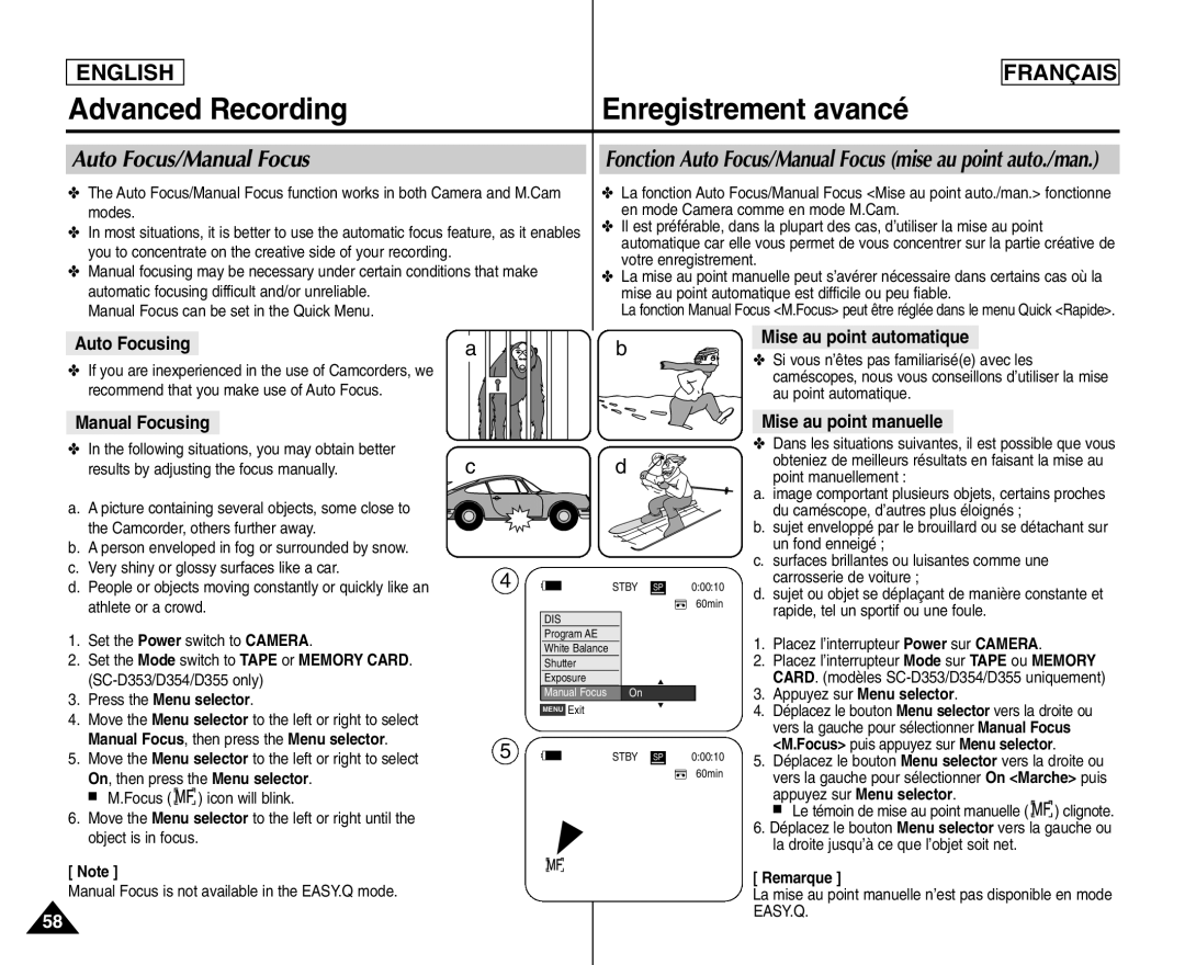 Samsung SC- D354 manuel dutilisation Auto Focus/Manual Focus, Auto Focusing, Manual Focusing, Mise au point automatique 