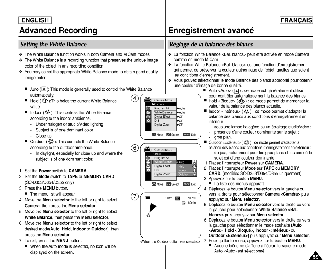 Samsung SC- D354 manuel dutilisation Setting the White Balance, Réglage de la balance des blancs, Automatically Hold 