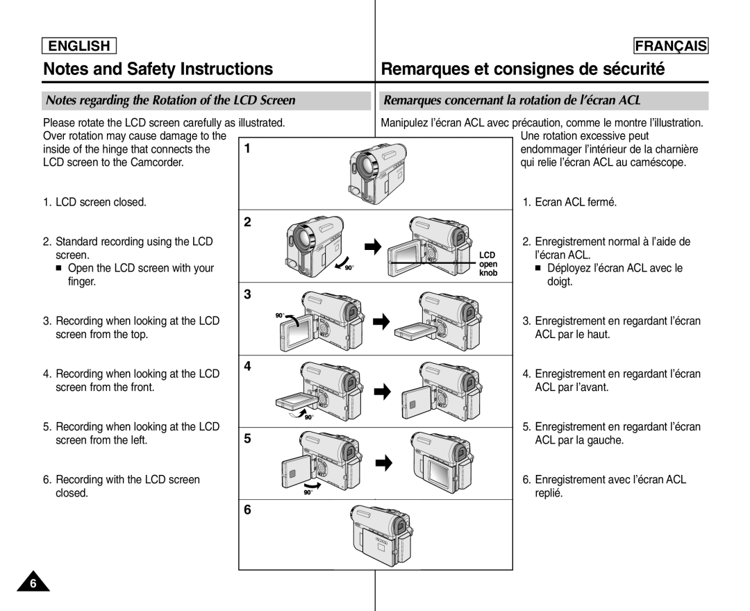 Samsung SC- D354 manuel dutilisation Remarques et consignes de sécurité, Remarques concernant la rotation de l’écran ACL 