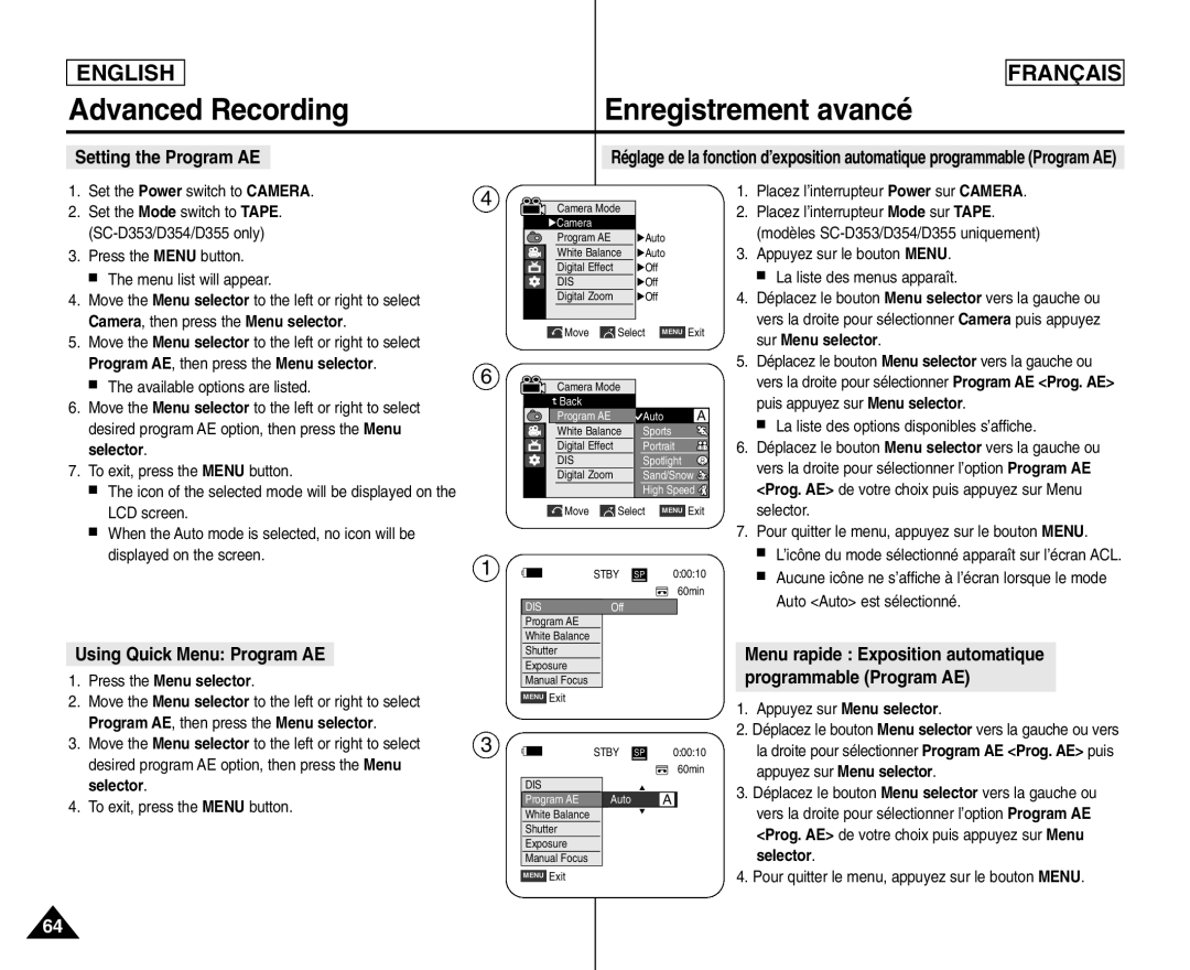 Samsung SC- D354 manuel dutilisation Setting the Program AE, Using Quick Menu Program AE, Available options are listed 