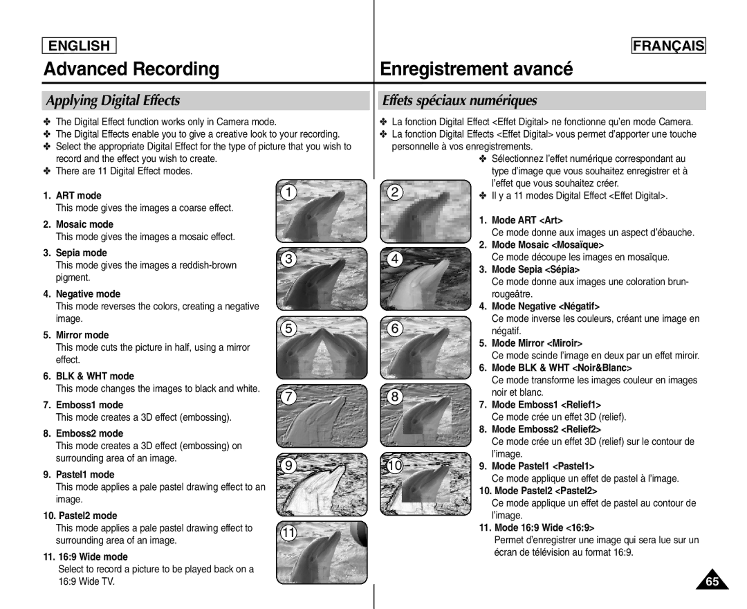 Samsung SC- D354 manuel dutilisation Applying Digital Effects, Effets spéciaux numériques 
