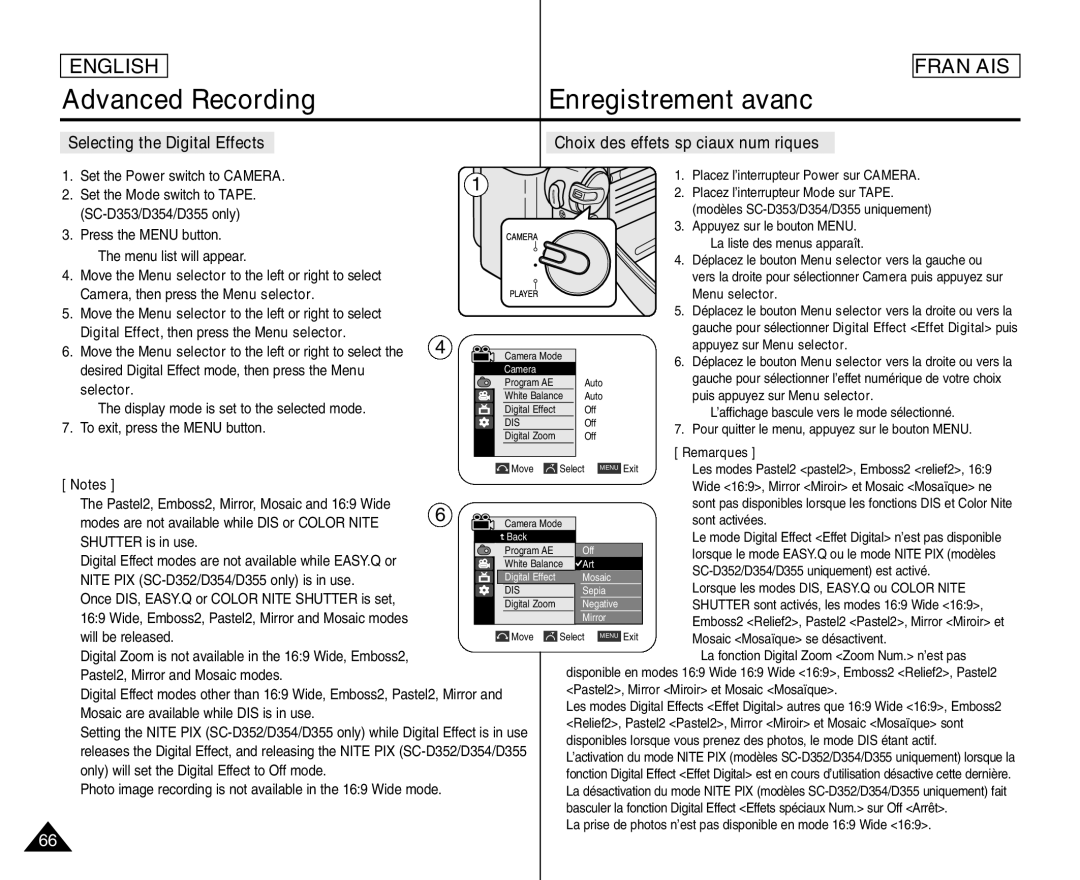 Samsung SC- D354 manuel dutilisation Selecting the Digital Effects, Digital Effect, then press the Menu selector 