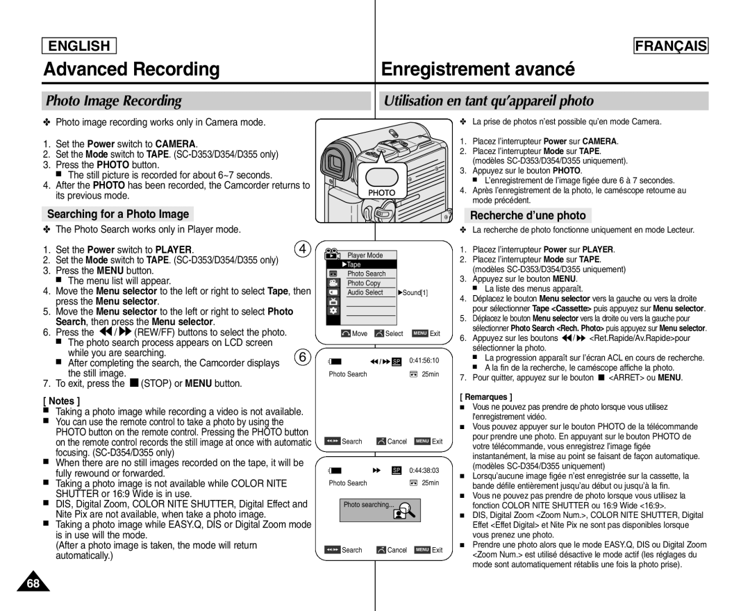 Samsung SC- D354 Utilisation en tant qu’appareil photo, Searching for a Photo Image, Recherche d’une photo, Remarques 