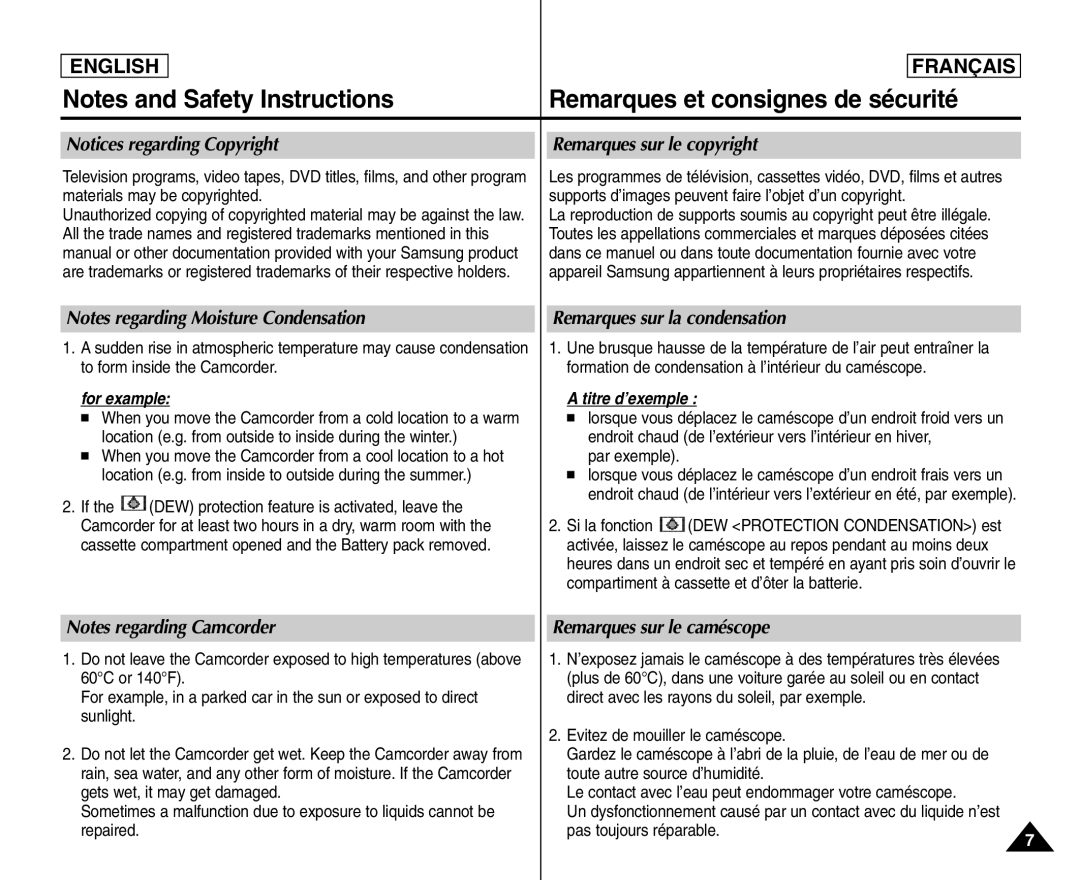 Samsung SC- D354 Remarques sur le copyright, Remarques sur la condensation, Remarques sur le caméscope, Par exemple 