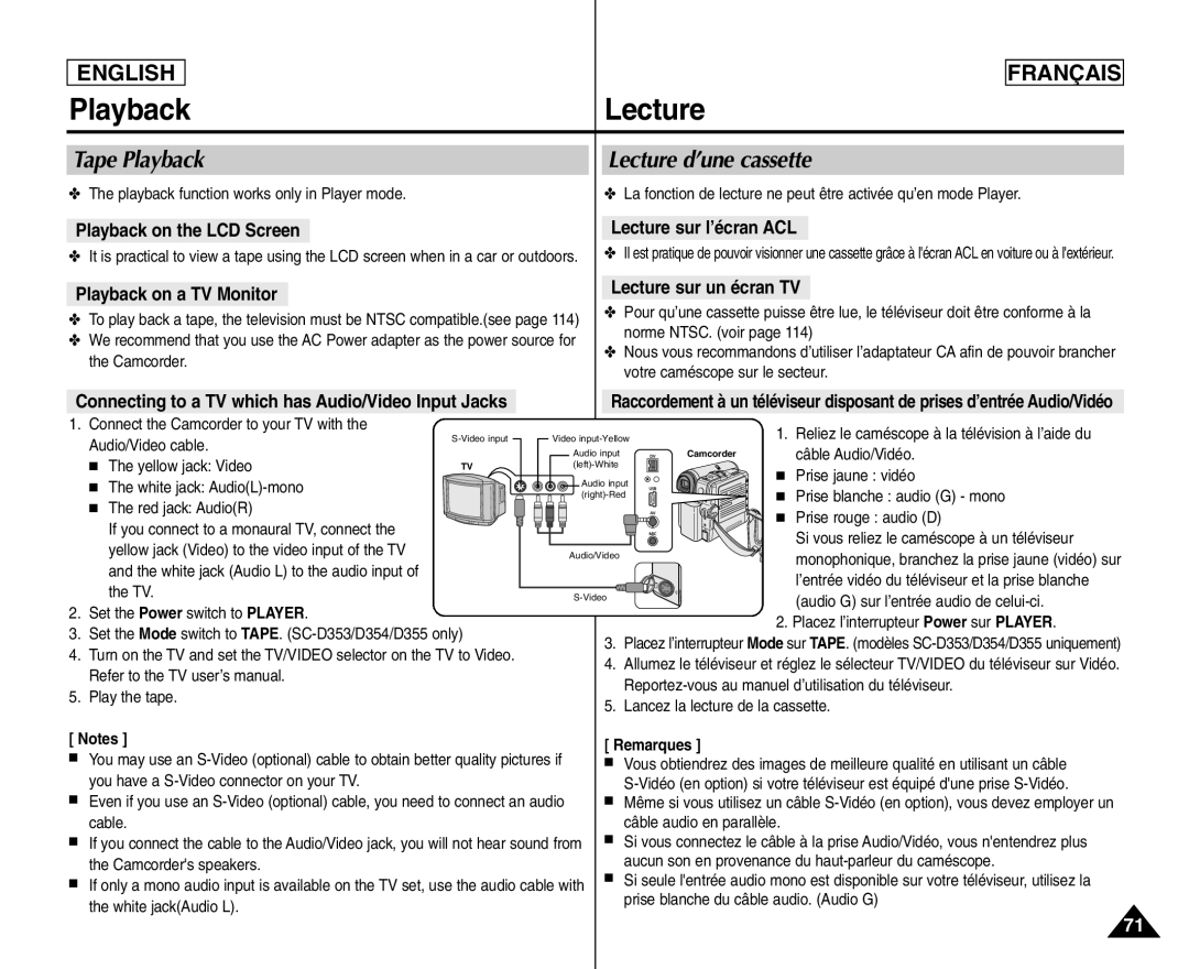 Samsung SC- D354 Tape Playback Lecture d’une cassette, Playback on the LCD Screen, Lecture sur l’écran ACL 