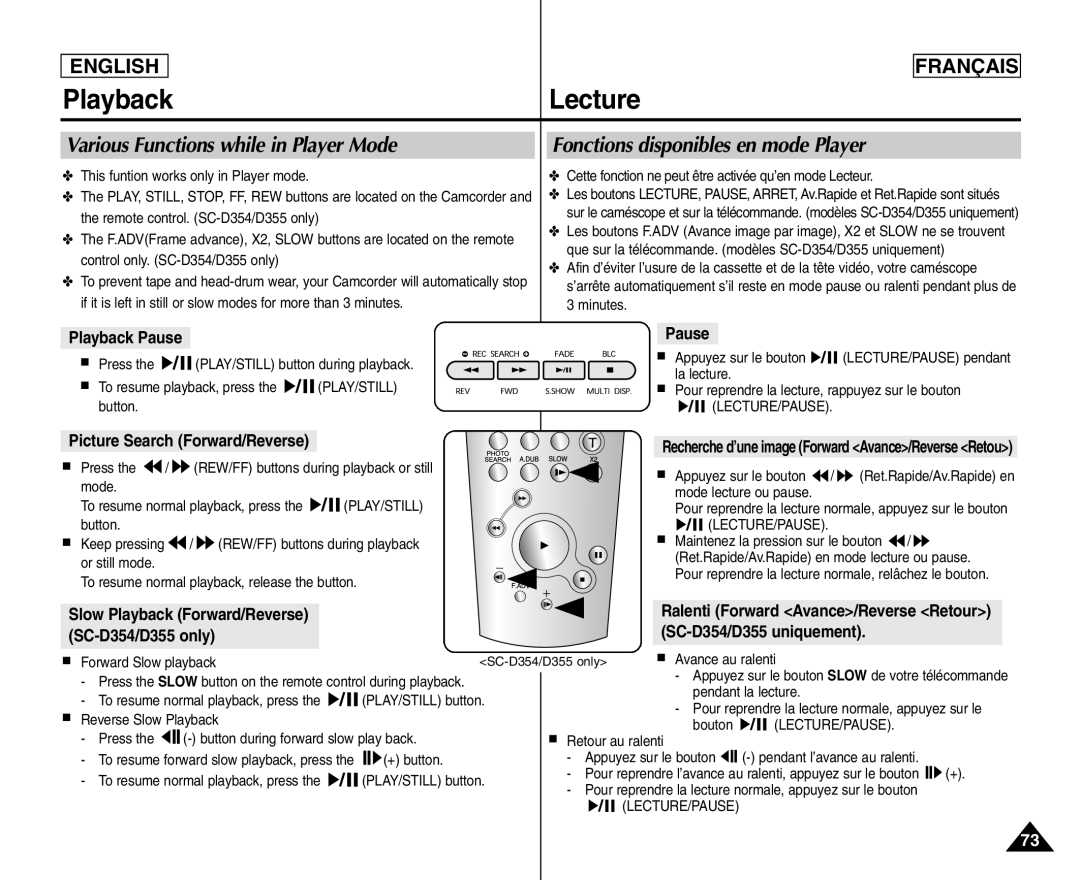 Samsung SC- D354 Playback Pause, Picture Search Forward/Reverse, Slow Playback Forward/Reverse SC-D354/D355 only 