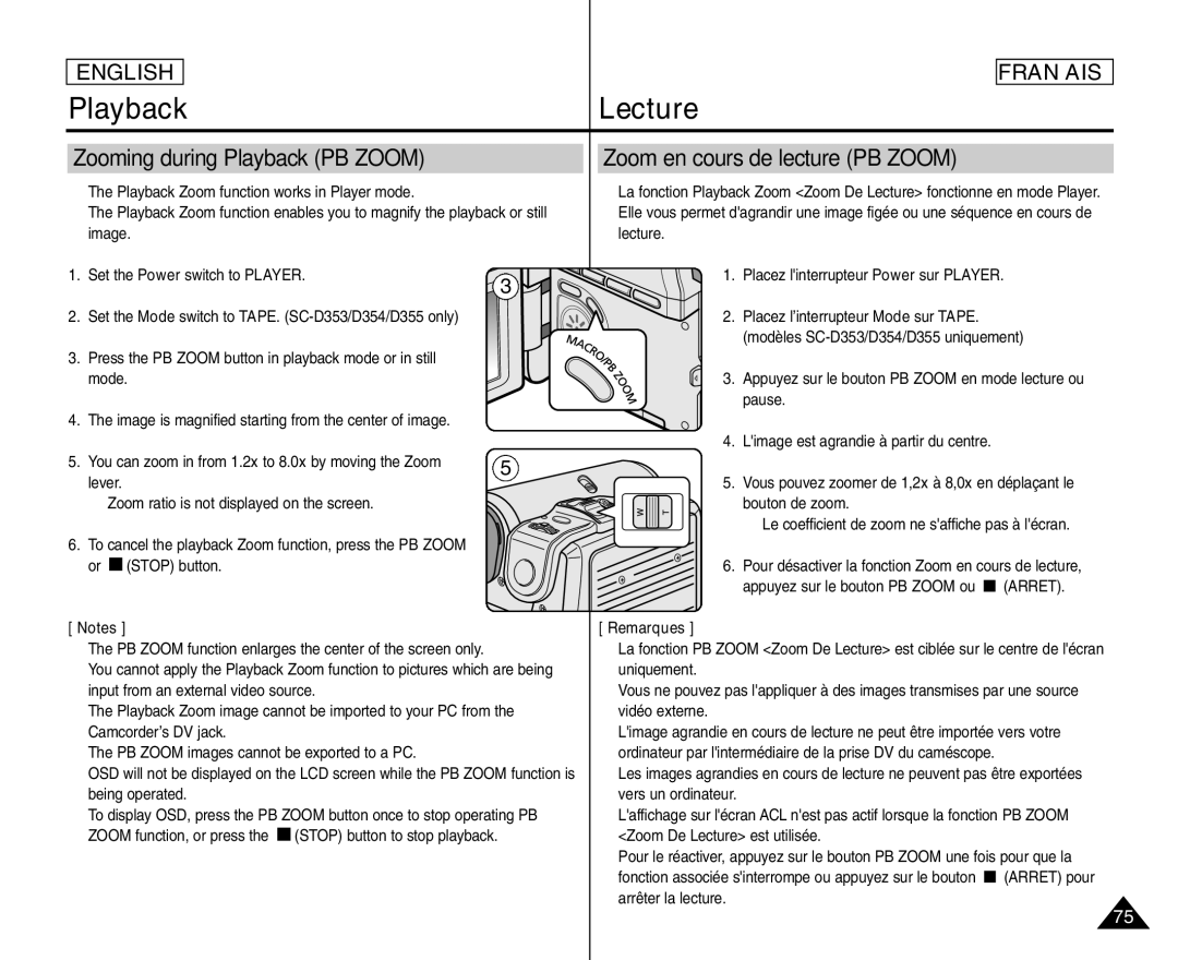 Samsung SC- D354 manuel dutilisation Zooming during Playback PB Zoom, Zoom en cours de lecture PB Zoom 