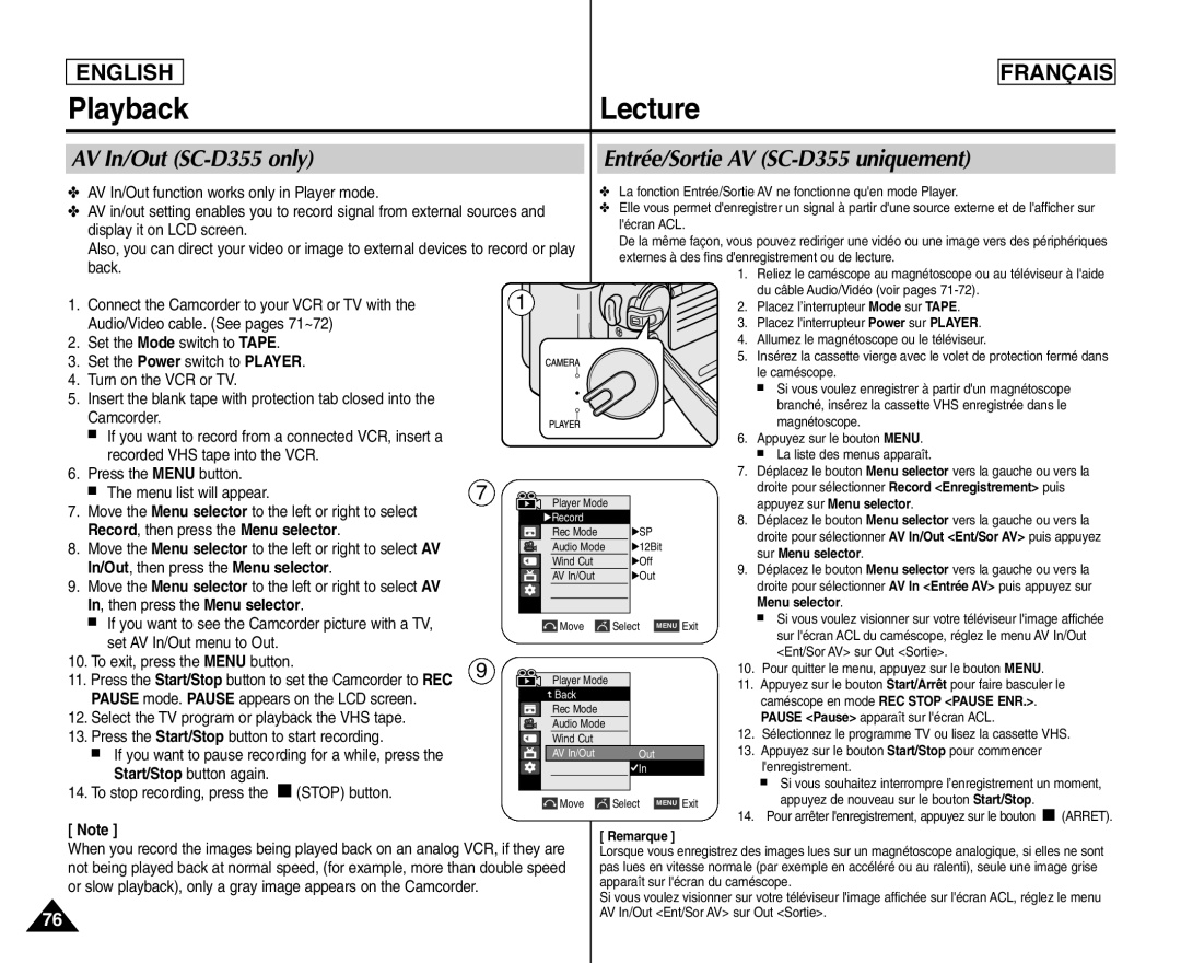 Samsung SC- D354 manuel dutilisation Playback, Lecture, AV In/Out SC-D355 only Entrée/Sortie AV SC-D355 uniquement 