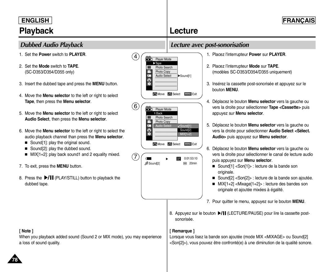 Samsung SC- D354 Dubbed Audio Playback Lecture avec post-sonorisation, Audio Select, then press the Menu selector 