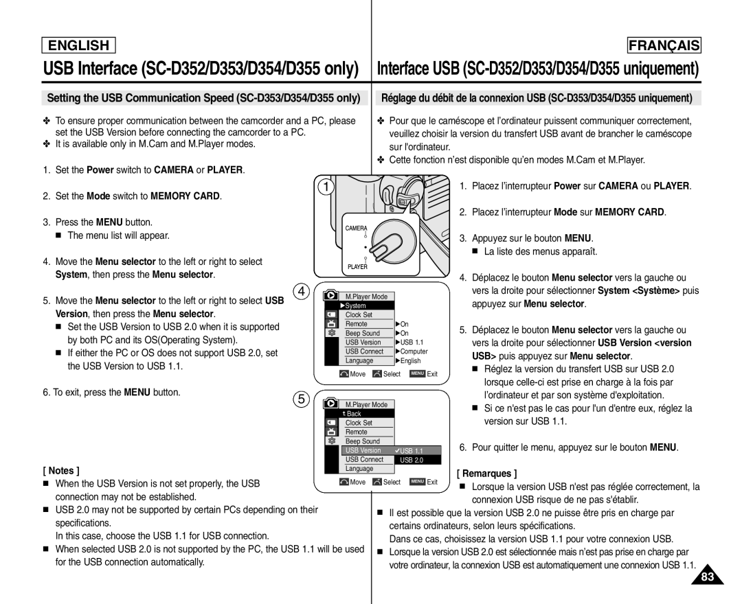 Samsung SC- D354 Setting the USB Communication Speed SC-D353/D354/D355 only, Version , then press the Menu selector 