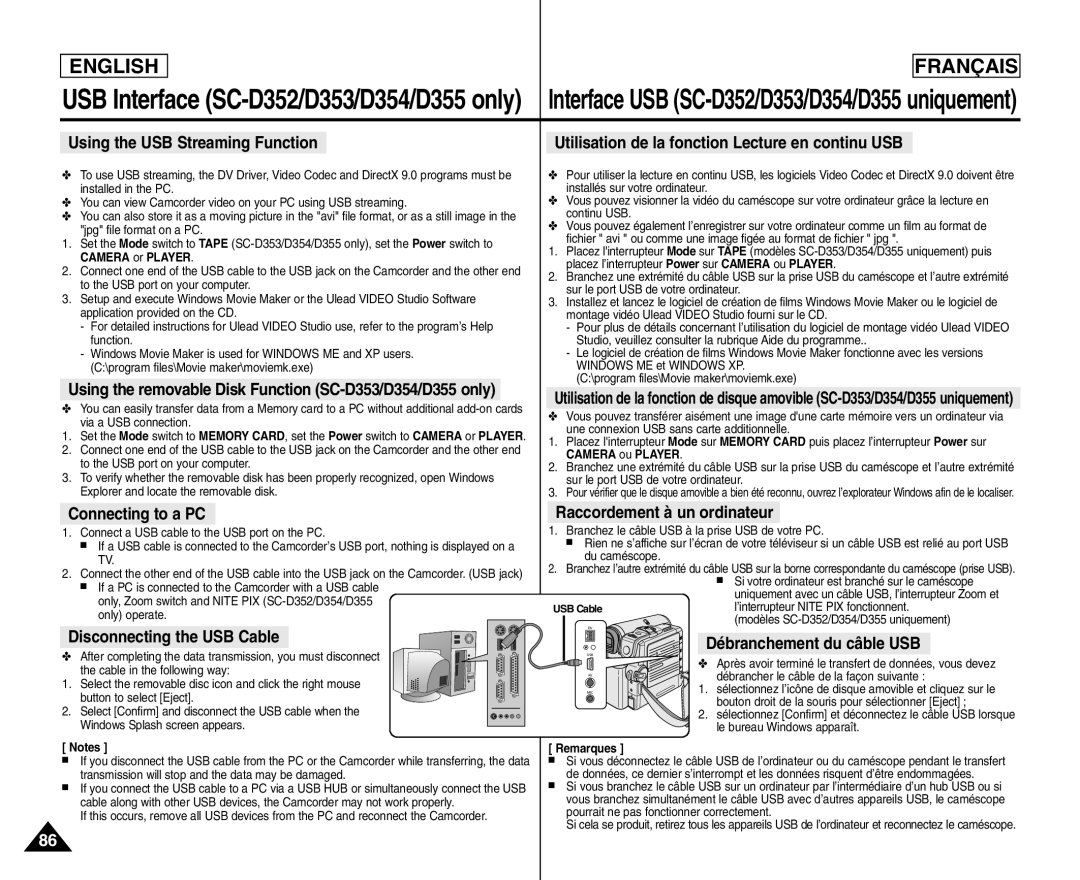 Samsung SC- D354 manuel dutilisation Using the USB Streaming Function, Utilisation de la fonction Lecture en continu USB 