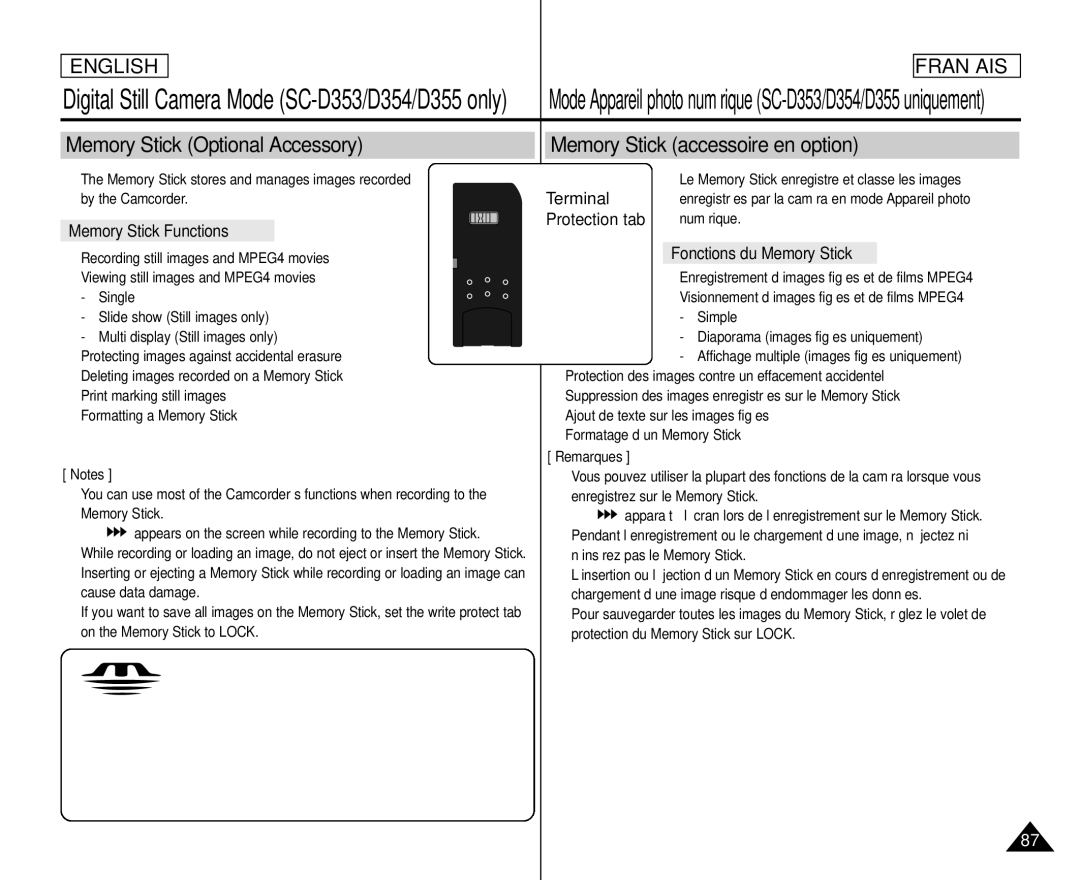 Samsung SC- D354 manuel dutilisation Terminal, Protection tab, Fonctions du Memory Stick 