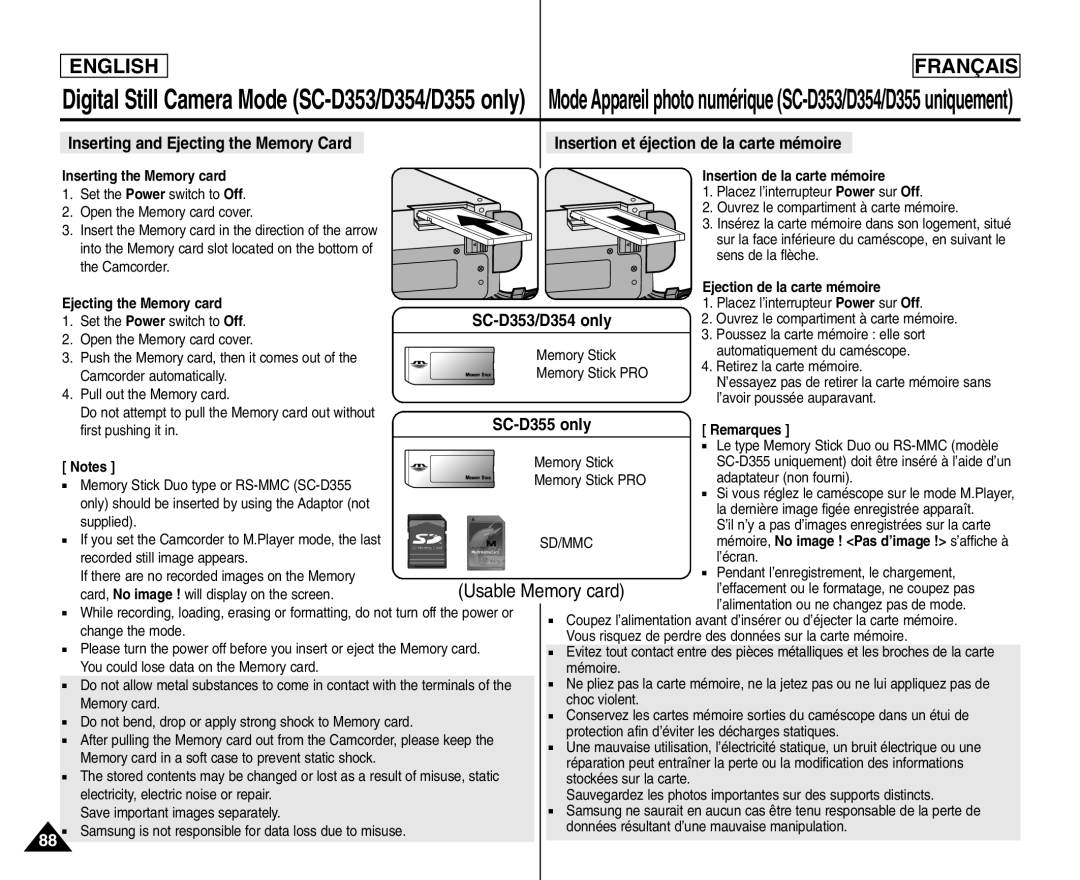 Samsung SC- D354 manuel dutilisation Ejecting the Memory card, Insertion de la carte mémoire, Ejection de la carte mémoire 